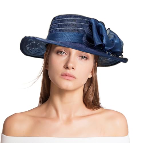 Women's Organza Derby Fascinator Hat Cloche Bowler Hat Cocktail Tea Party Wedding Sun Hat - color: K-darkblue