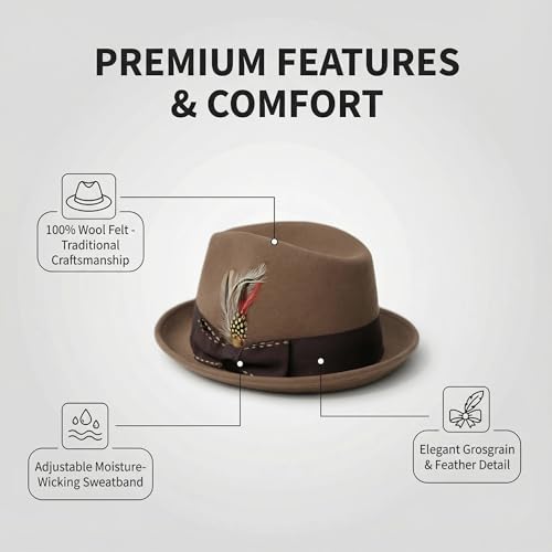Home Prefer Men's Wool Felt Winter Hat Short Brim Fedora Hat with Feather - color: Brown