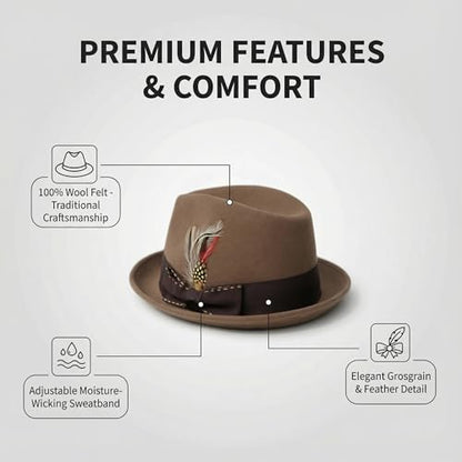 Home Prefer Men's Wool Felt Winter Hat Short Brim Fedora Hat with Feather - color: Brown