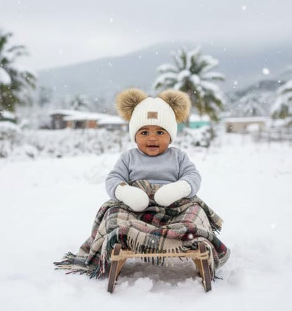 Funky Junque Baby Double Faux Fur Pom Pom Beanie & Mittens Set – Newborn Infant 0–9 Months Winter Hat with Soft Lined Mittens - color: Diagonal Basketweave: White (0-9 Months)