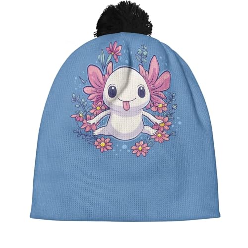 Girls Boys Winter Warm Knit Beanie Pompom Elasticity Slouchy Hat Skull Caps for Childrens - color: Blue Cute Axolotl