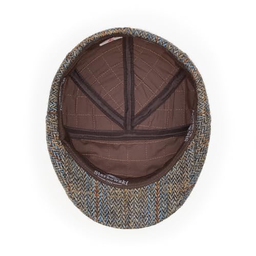 Sterkowski Ivy Five | Harris Tweed Flat Cap for Men and Women | Classic Elegant Warm 5 Panels Ivy - color: Brown/Blue Check, size: 7 1/4