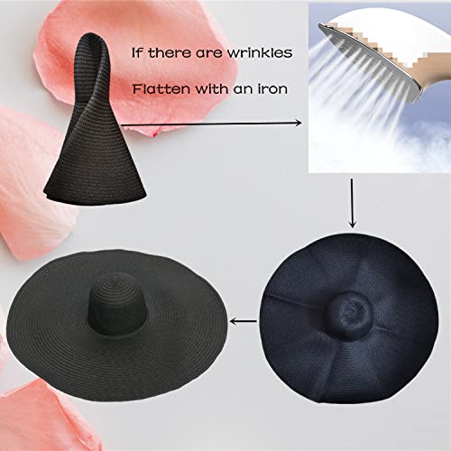 Oversized Beach Hat Women, Extra Wide Brim Foldable Straw Floppy Sun Hat - color: Black