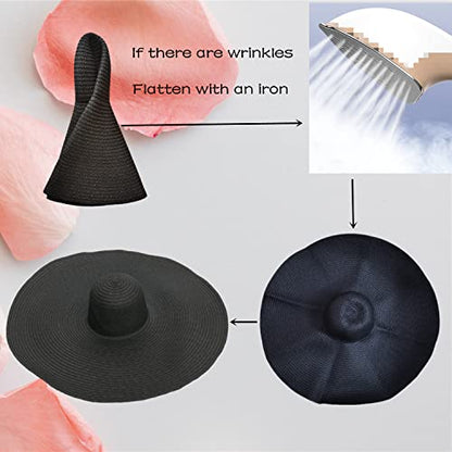 Oversized Beach Hat Women, Extra Wide Brim Foldable Straw Floppy Sun Hat - color: Black