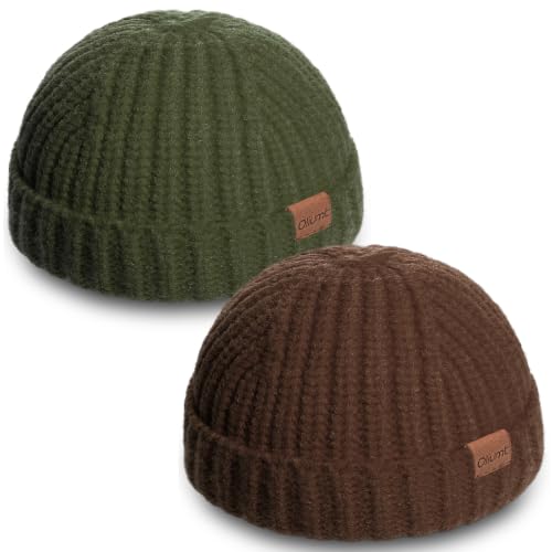 Fisherman Short Beanie Hats for Men, Knit Skull Cap Cuff Trawler Hat Mens Stylish Watch Cap Winter Warm Hat for Daily Wear - color: Army Green, Coffee