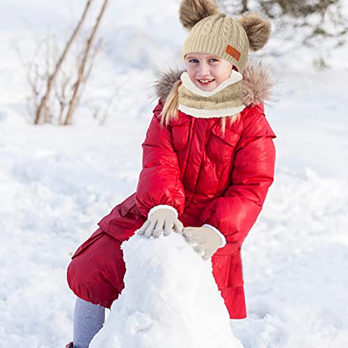 Kids Winter Beanie Hat Scarf Gloves Set,Toddlers Knit Winter Warm Double Pompom Cap Scarf Gloves for Girls Boys 1-5 Years Old - color: Beige