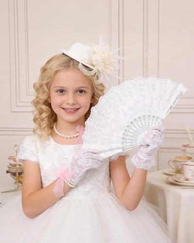 Zinniday Girls Tea Party Hats Set - 5 Pcs Mini Top Hat with Pearl Necklace Bracelet Hand Fan and Lace Gloves for Party - color: White