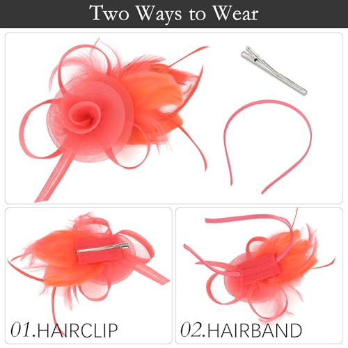 AMCAMI Fascinators Hats with Feather for Women 2026 Derby Hats Small Tea Party Hat with Headband - color: Coral Red