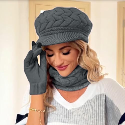 Loritta 3 in 1 Womens Winter Hat Gloves Scarf Set, Warm Hat Mittens - color: Dark Grey