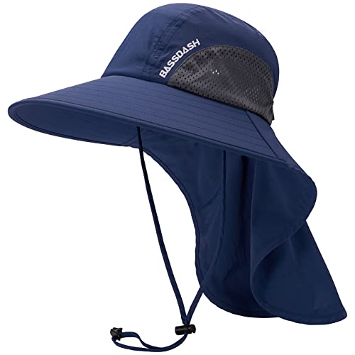 BASSDASH UPF 50+ Unisex Water Resistant Wide Brim Sun Hat with Large Neck Flap Ponytail Fishing Hat for Men Women - color: Dark Blue