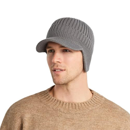 Men's Winter Hat with Brim, Warm Earflaps Hat for Men, Thick Fleece Lined Knit Winter Beanie Outdoor - color: Grey