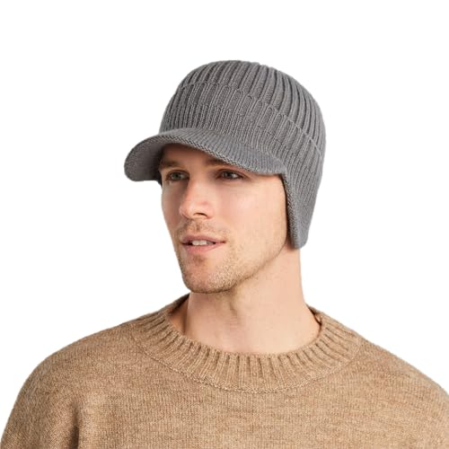 Men's Winter Hat with Brim, Warm Earflaps Hat for Men, Thick Fleece Lined Knit Winter Beanie Outdoor - color: Grey