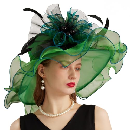 Women Organza Church Derby Hat Wide Brim Sun Caps for Wedding Tea Party Hat with Detachable hat Flower as Headgear - color: 11-green