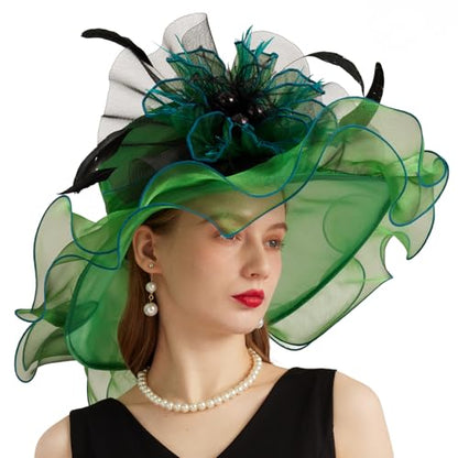 Women Organza Church Derby Hat Wide Brim Sun Caps for Wedding Tea Party Hat with Detachable hat Flower as Headgear - color: 11-green