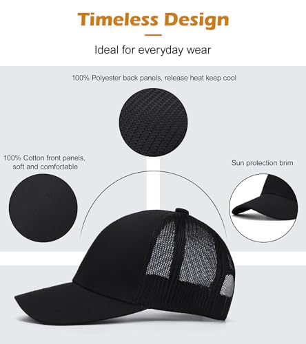 Blank Mesh Back Trucker Hat for Men and Women, Unisex Adjustable Snapback Baseball Cap, Adult Plain Classics Retro Hat - color: Black
