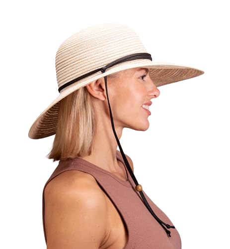 Sloggers Women's Wide Brim Braided Sun Hat with Wind Lanyard - UPF 50+ Maximum Sun Protection - color: Stone