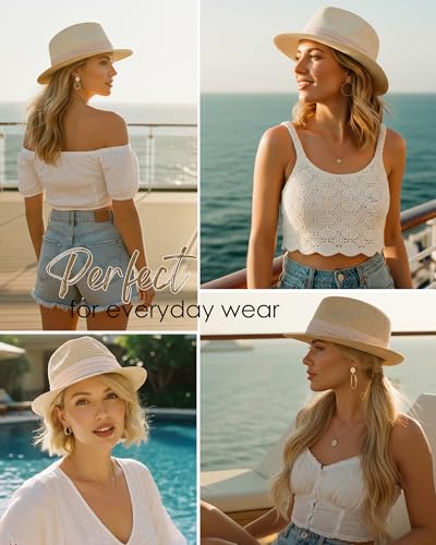 Straw Sun Hat for Men Women Short Brim Beach Trilby Hat UPF 50+ - color: Beige