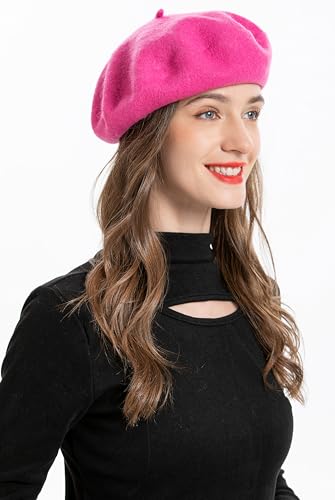 ZLYC Wool French Beret Hat Solid Color Classic Artist Cap for Women - color: Hot Pink