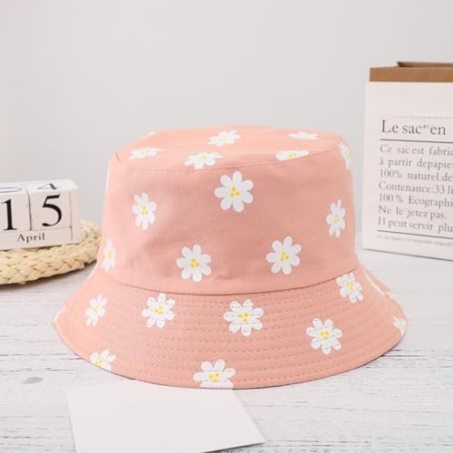 Printed Bucket Hat - Reversible Packable Summer Travel Beach Sun Cap for Men Women Teens - color: Daisy Pink
