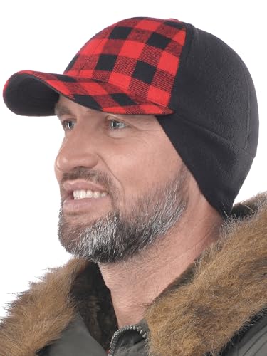 2SBR 2SABERS Mens Winter Hat with Earflaps and Visor - Warm Trucker Baseball Cap Hat - color: Red Plaid, size: Large