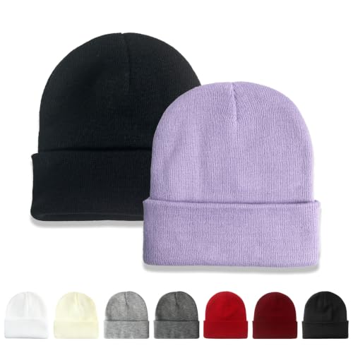 NPQQUAN 2 Packs Beanie for Men Women Winter Hats for Mens Beanie Skull Cap - color: (Black+lightpurple)
