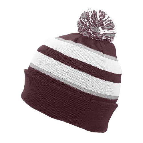 Pacific Headwear Unisex Adult Pacific Headwear Knit Fold Over Pom-pom Beanie - color: Maroon/White/Silver, size: One Size