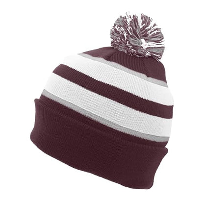 Pacific Headwear Unisex Adult Pacific Headwear Knit Fold Over Pom-pom Beanie - color: Maroon/White/Silver, size: One Size