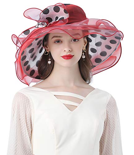 Z&X Organza Church Fascinator Wedding Tea Party Derby Hats for Women Flower Wide Brim Sun Hats - color: 05a Red