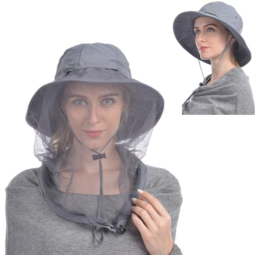 USHAKE Head Net Hat, Safari Hat Sun Hat Bucket Hat with Hidden Net Mesh - color: Grey