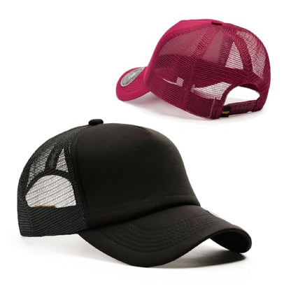 2-Pack Classic Foam Trucker Hat Summer Mesh Hat Lightweight Adjustable Back Buckle Strap - color: Black/Burgundy
