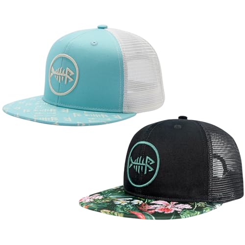BASSDASH 2 Pack Flat Brim Trucker Cap Adjustable Snapback Hat Mesh Back for Men Women Fishing Hunting - color: Pack of 2, Turquoise & Black/Tropical Flower