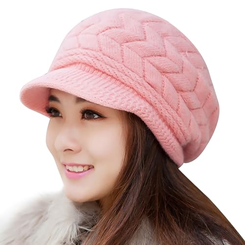 Loritta Womens Winter Beanie Hats, Thick Warm Beanie with Visor Brim - color: E-pink