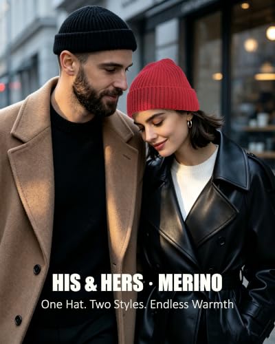 100% Merino Wool Fisherman Beanies for Men Winter Beanie Skull Cap - color: Red