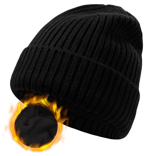ZTL M/L/XL/XXL Merino Wool Beanie for Men Women, Fleece Lined Large Winter Hat, Big Knitted Cuffed Beanie Ski Skull Cap - color: Black, size: X-Large-XX-Large