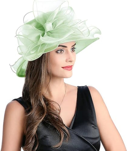 Women's Kentucky Derby Church Dress Hat Wide Brim Leaf Flower Bridal Shower Hat - color: S11-mint Green