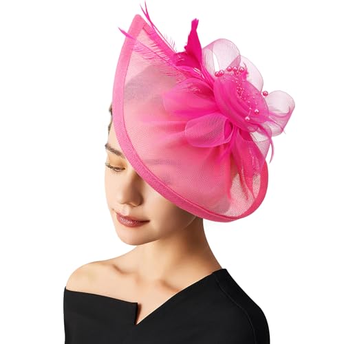 AQOKKA Women Fascinators Hats Flower Fascinators with Headband and Clip Tea Party Headwear for Women and Girls - color: Feather Flower: Fuschia