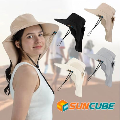 SUN CUBE Wide Brim Sun Hat with Neck Flap for Men Women, UPF50+ Fishing - color: Beige With Bow