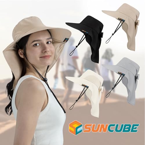 SUN CUBE Wide Brim Sun Hat with Neck Flap for Men Women, UPF50+ Fishing - color: Black With Bow