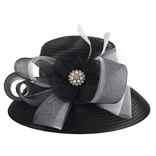 Women Church Hats Derby Wedding Dress Satin Ribbon Hat - color: Sd704wd-black