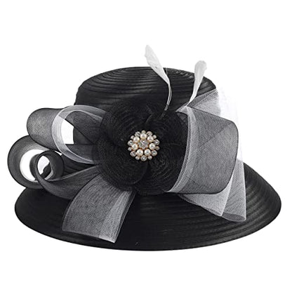 Women Church Hats Derby Wedding Dress Satin Ribbon Hat - color: Sd704wd-black