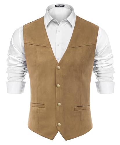PJ PAUL JONES Men's Western Cowboy Vest Leather Suede Casual Waistcoat - color: Khaki, size: Large