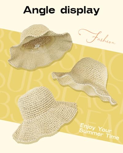 Bsubseach Womens Foldable Beach Hat Packable Straw Sun Hat Wide Brim Floppy Hat for Outdoor Travel - color: Beige