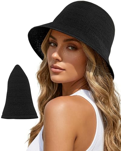 Babalet Summer Straw Beach Sun Hats for Women Packable Floppy Bucket Hat - color: Black