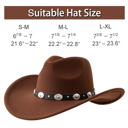 Lanzom Women Men Felt Wide Brim Western Cowboy Hats Belt Buckle Panama Hat - color: Coffee, size: Medium-Large