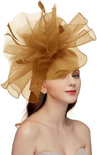 Women's Fascinators Hat for Women Tea Party Headband Wedding Cocktail Flower Mesh Feathers Hair Clip - color: 01 Gold