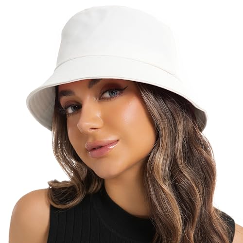 Wheebo Solid Color Bucket Hat for Women Summer Beach Fishmen Hat for Lady Adult Unisex Cotton Cap…… - color: A-sc-white