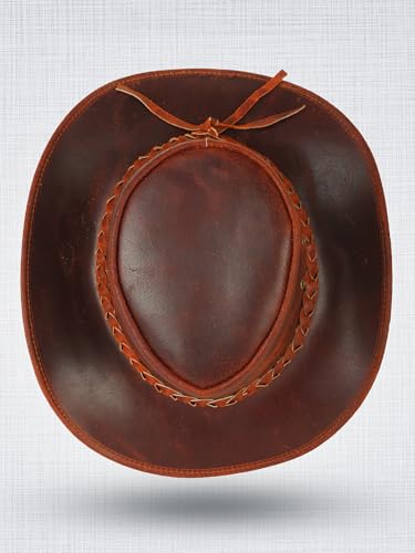 Genuine Leather Cowboy Hat for Men & Women – Western Outback Hat with Chin Strap & Sun Protection - color: Reddish Brown, size: XX-Large