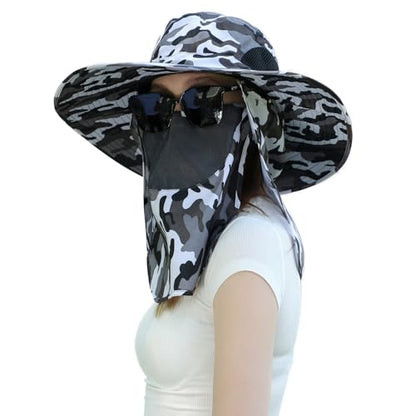 Men Women Safari Bucket Fishing Sun Hats Face Cover Neck Flap - color: Camou Gray