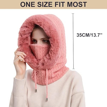 HUAMULAN Women Cable Knit Balaclavas Winter Fleece Lined Beanie Hat - color: Dusty Pink
