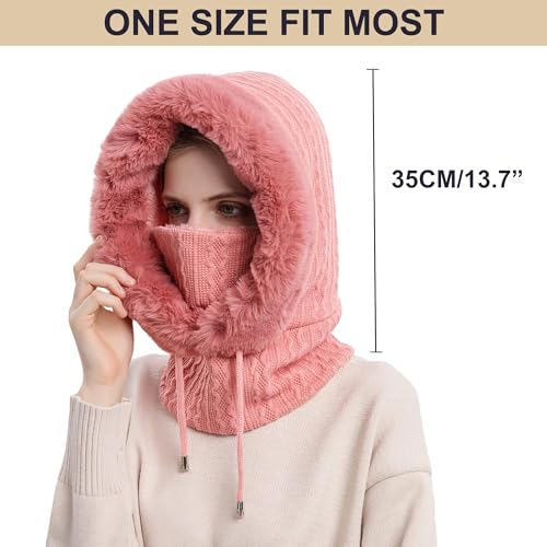 HUAMULAN Women Cable Knit Balaclavas Winter Fleece Lined Beanie Hat - color: Dusty Pink